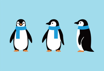 Obraz premium Cute penguin characters wearing blue scarves in front, side and profile views, winter animal mascot set, flat design vector illustration for kids.