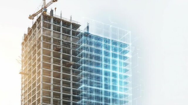 Tower crane construction site with building information modeling visualization, digital city development concept for architecture blueprint