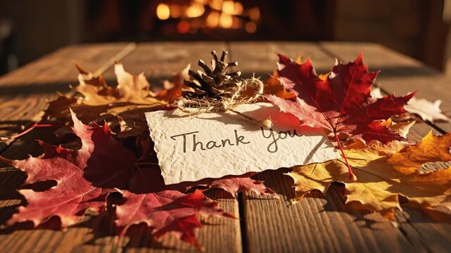 Golden autumn foliage and handwritten thank you note on rustic wooden background, cozy fall atmosphere for seasonal gratitude, appreciation, and thanksgiving holiday celebration.