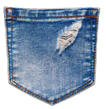 Blue denim jeans back pocket with ripped detail