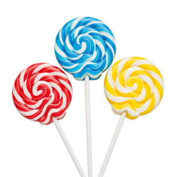 Colorful swirly lollipops in red, blue and yellow hues isolated on transparent background