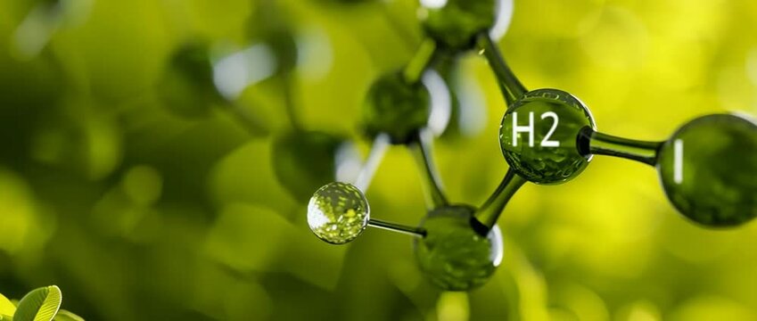 Green hydrogen H2 molecules represented within a molecular structure against a vibrant natural green background symbolizing sustainable energy and eco friendly fuel production