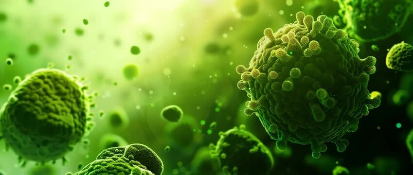 Microscopic green cells representing potential for sustainable green hydrogen energy production in an advanced biotechnological process