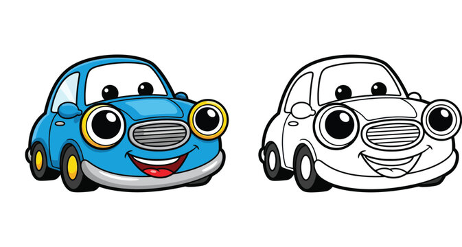 Cute blue cartoon car character vector illustration with black and white outline for coloring book page. Happy automobile mascot isolated on white background.