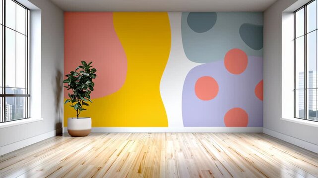 Modern interior design featuring a vibrant abstract wall mural with colorful shapes, a potted plant, and wooden flooring in a bright, spacious room with large windows