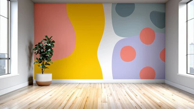 Modern interior design featuring a vibrant wall mural with abstract shapes and colors, showcasing a potted plant in a spacious room with large windows and wooden flooring