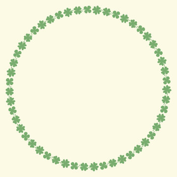 Cute green four leaf clover vector round frame, simple pastel colored floral circle wreath for greeting cards and invitations