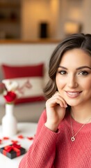 A beautiful woman smiling and sitting in a cozy living room with a gift and flowers