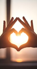 A pair of hands forming a heart shape around the sunset