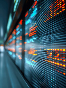 Illuminated digital stock market ticker displaying fluctuating financial data in vivid blue and orange colors inside modern trading exchange environment