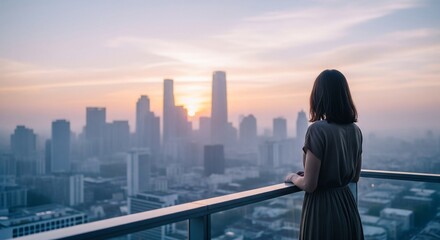Fototapeta premium A thoughtful woman stands on a high-rise balcony, gazing at the inspiring city skyline bathed in the golden glow of a stunning sunset, contemplating urban beauty and new horizons