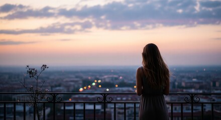 Fototapeta premium A solitary woman stands on a high balcony, captivated by the extensive urban landscape below as the sun sets, casting a serene and reflective glow across the city lights