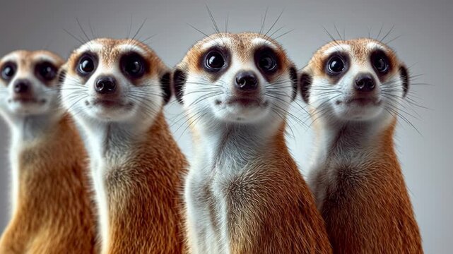 Group of meerkats standing in a row, displaying alert postures with heads raised, showcasing their distinctive features and expressions against a neutral background