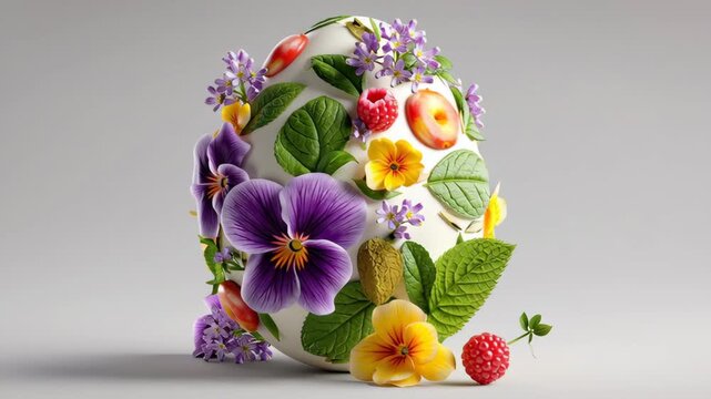 Decorative egg adorned with vibrant flowers, leaves, and fruits, showcasing a continuous design progression from various angles against a neutral background