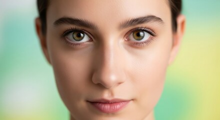 Naklejka premium A captivating close-up portrait of a young woman's face, highlighting her expressive eyes, pristine natural skin, and serene beauty against a soft, colorful background
