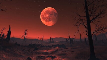 Fototapeta premium Dramatic Landscape Under a Vivid Red Moon with Stark Silhouettes of Barren Trees Against an Eerie Twilight Sky