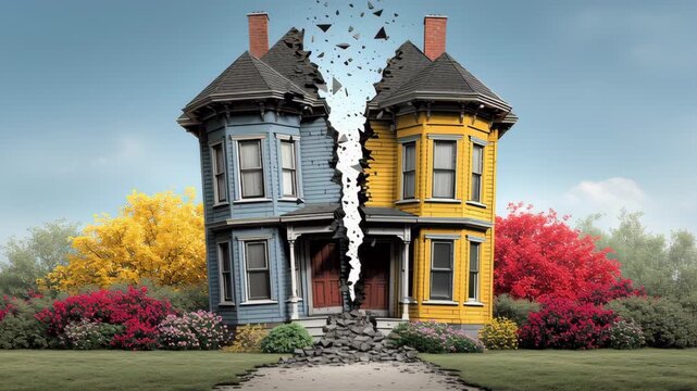 Split view of two colorful Victorian houses with a visible crack in the middle, surrounded by vibrant flowers and greenery, showcasing the gradual separation of the structures over time