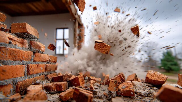 Brick wall demolition in progress with bricks flying and dust cloud forming, showcasing the destruction of a building structure in an outdoor setting with visible debris and fragments