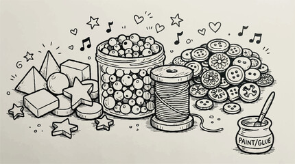 Colorful illustration of art supplies and buttons in a creative arrangement for crafting and hobbies