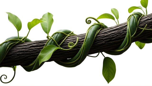 A vine with green leaves is wrapped around a dark brown tree branch on transparent background
