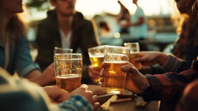 Friends enjoying beer together in evening setting, social and relaxation concept