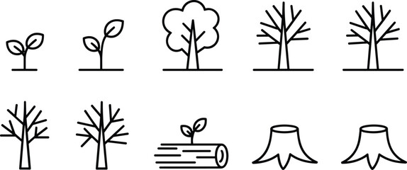 Fototapeta premium Tree Growth Cycle Silhouette – Black and White Icons Depicting Sprouts, Mature Trees, Bare Branches, Logs, and Stumps Representing Ecology, Forestry, and Environmental Education
