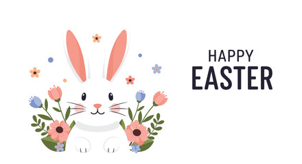 Cute white Easter bunny surrounded by colorful spring flowers with Happy Easter greeting text in a simple and clean festive holiday illustration.