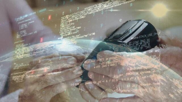 Animation of data processing over hands of caucasian woman and man using payment terminal