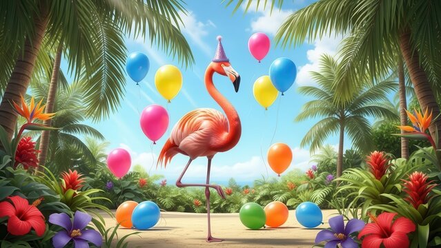 Cheerful flamingo celebrating with balloons and tropical flora in lush palm forest