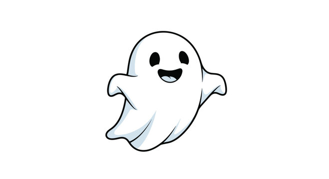 Friendly cartoon ghost character with a happy smiling face and open arms floating on a plain white background for Halloween themed decorations.