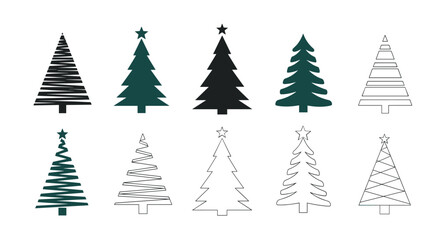 Fototapeta premium Collection of different stylized evergreen tree icons in various artistic styles and dark green colors on white background.
