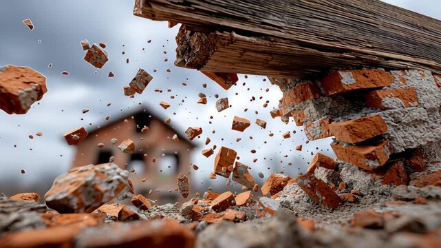 Debris from collapsing brick wall and wooden beam falling to ground with scattered bricks and dust in foreground, abandoned building visible in blurred background under cloudy sky