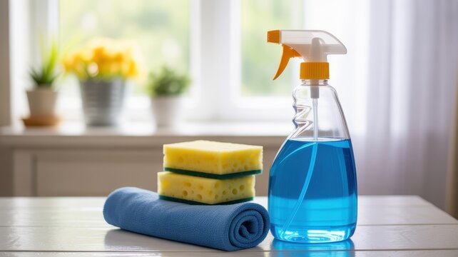 Cleaning supplies with spray bottle sponges and cloth on table