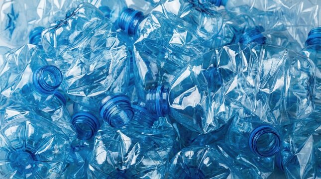 Crushed plastic bottles for recycling,blue transparent PET containers,waste management and environmental sustainability concept
