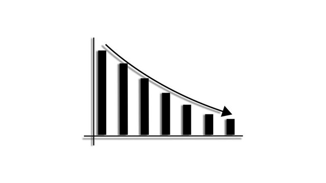 Business graph chart with down trend arrow white color animation on royal blue grid line background.