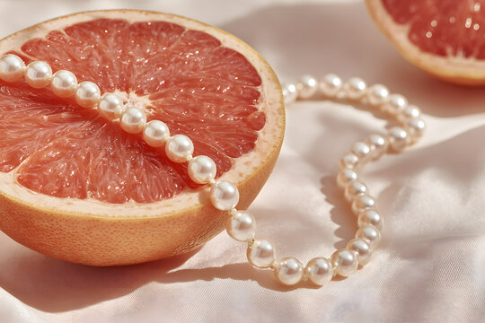 Pearls placed around cut grapefruit halves show texture and colors. The setting highlights fruit and accessory pairing