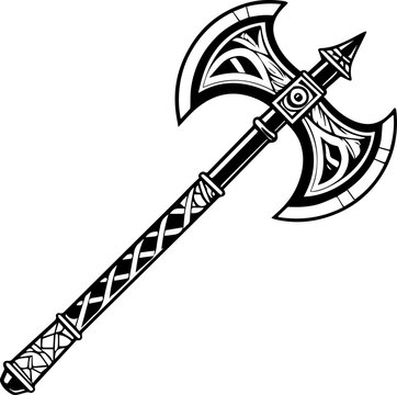 Stylized Fantasy Double Bladed Battle Axe Vector Illustration Ancient Warrior Weapon Black and White Graphic Design