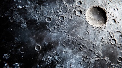 Obraz premium Detailed Close-Up of the Moon's Surface Featuring Craters and Rough Terrain Under Starry Background