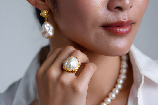 A woman shows off pearl earrings, a ring, and a necklace in a bright studio. She poses calmly while smiling