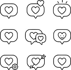Nine heart chat bubble outline icons with valentine expressions, suitable for messaging apps and romantic communication visuals