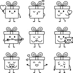 Nine gift box outline icons with valentine expressions, suitable for presents, promotions, apps, and romantic visuals