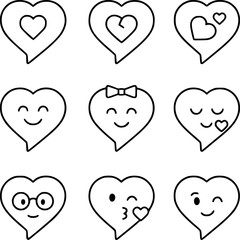 Nine heart chat bubble outline icons with valentine expressions, suitable for messaging apps and romantic communication visuals