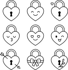 Nine heart lock outline icons with valentine expressions, suitable for commitment themes, apps, and romantic designs