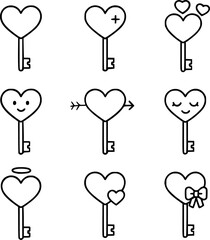 Nine heart key outline icons with valentine expressions, suitable for love symbols, apps, and romantic storytelling