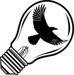 Obraz premium Black and White Vector Eagle Flying Inside Light Bulb Outline Logo Concept Idea Freedom Innovation Vision