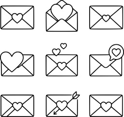 Nine heart envelope outline icons with valentine expressions, suitable for love messages, apps, and romantic visuals