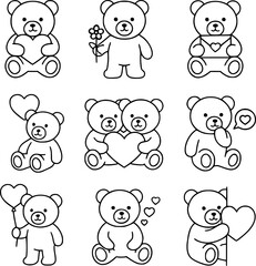 Nine teddy bear outline icons showing valentine poses, suitable for greeting cards, apps, stickers, and romantic illustrations