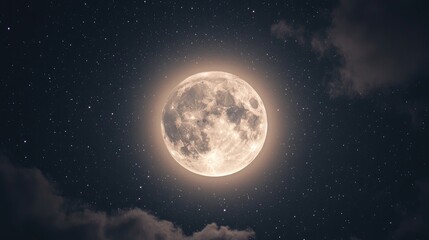 Full Moon Illuminating Night Sky with Stars and Soft Clouds in a Scenic Celestial Display