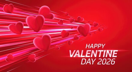 Red hearts floating on abstract light streaks happy valentine day 2026