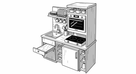 Detailed Illustration of Kitchen Appliances and Fixtures.